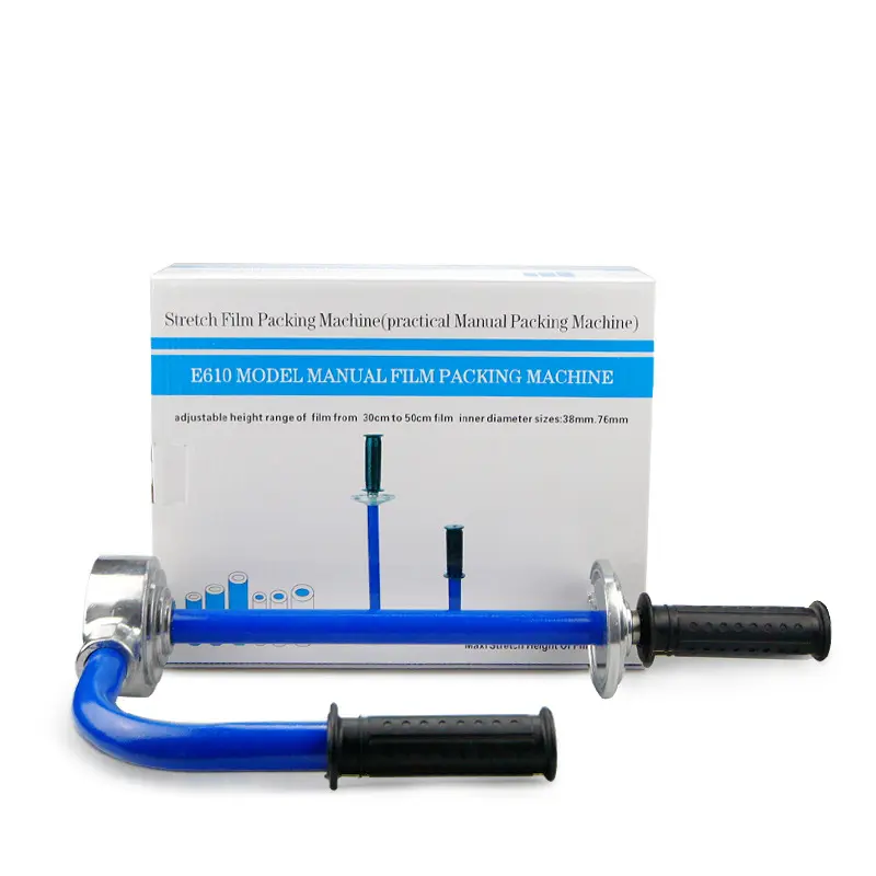 Hand use stretch film dispenser for easy and efficient wrapping, suitable for pallet and box packaging