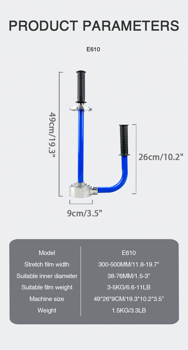 Hand use stretch film dispenser for easy and efficient wrapping, suitable for pallet and box packaging