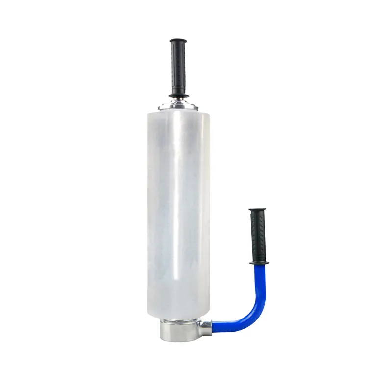 Hand use stretch film dispenser for easy and efficient wrapping, suitable for pallet and box packaging