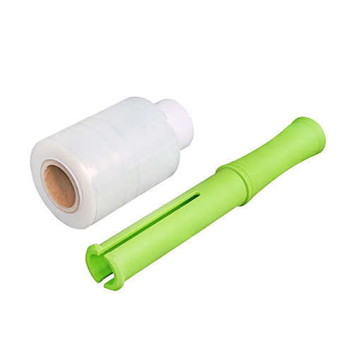 A durable and ergonomic stretch film handle designed for easy and efficient wrapping of pallets, boxes, and other items, providing a secure grip and reducing hand fatigue